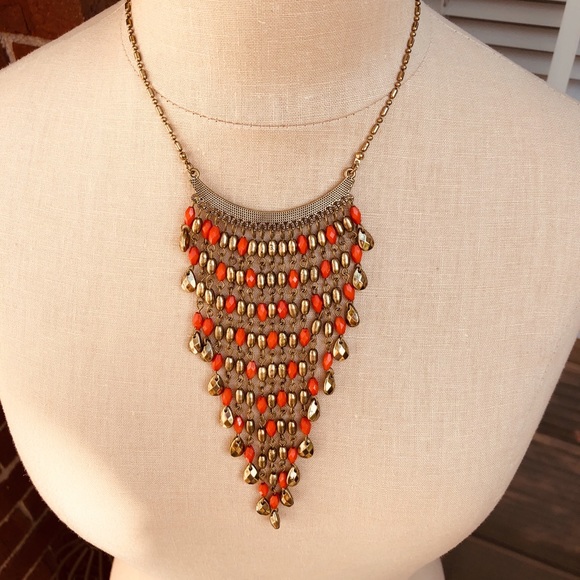 Statement Gold tone & Orange Bib Necklace - Picture 4 of 7